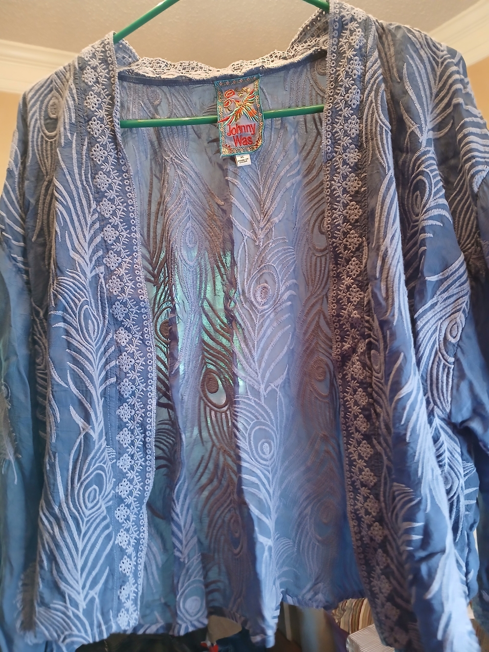 Johnny Was Blue Embroidered Sheer Kimono